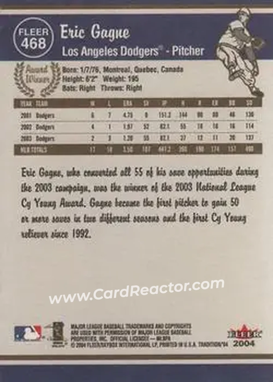2004 Fleer Tradition #468 - Eric Gagne - Los Angeles Dodgers - Back