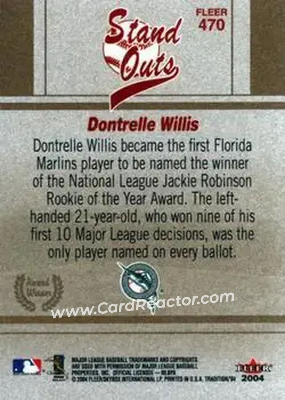 2004 Fleer Tradition #470 - Dontrelle Willis - Florida Marlins - Back