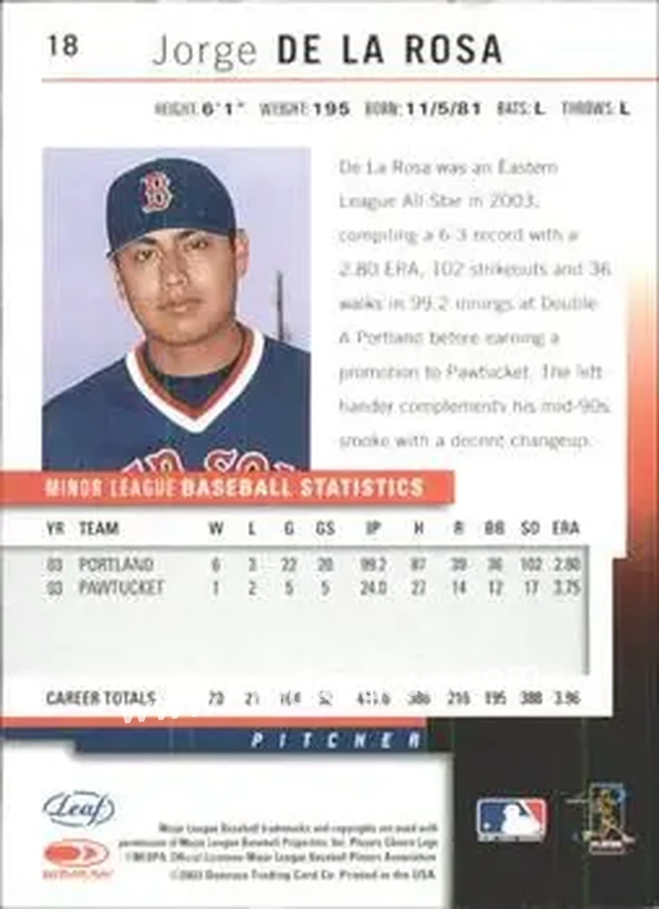 2004 Leaf - Autographs #18 - Jorge De La Rosa - Boston Red Sox - Back