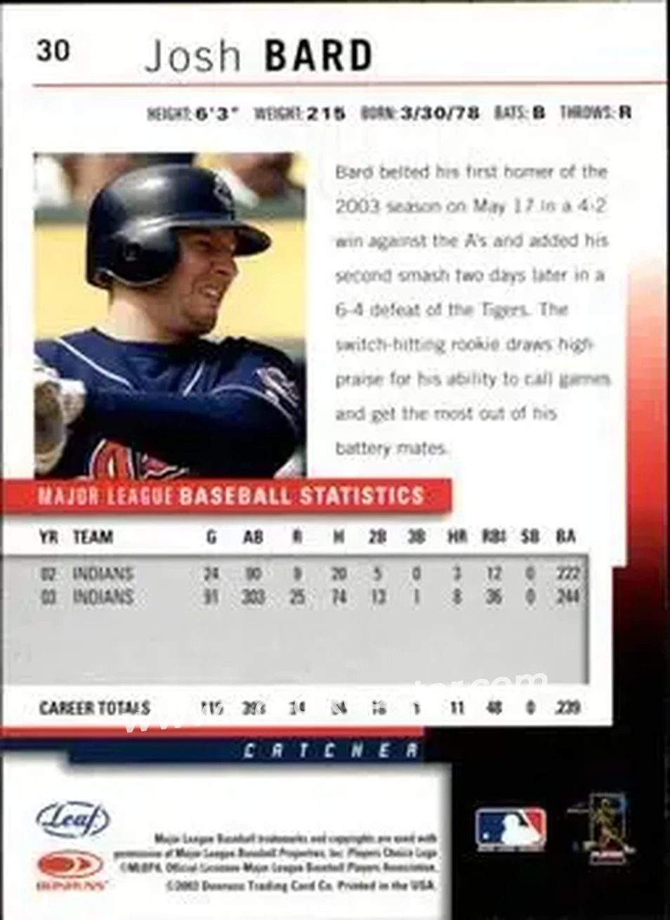 2004 Leaf - Autographs #30 - Josh Bard - Cleveland Indians - Back