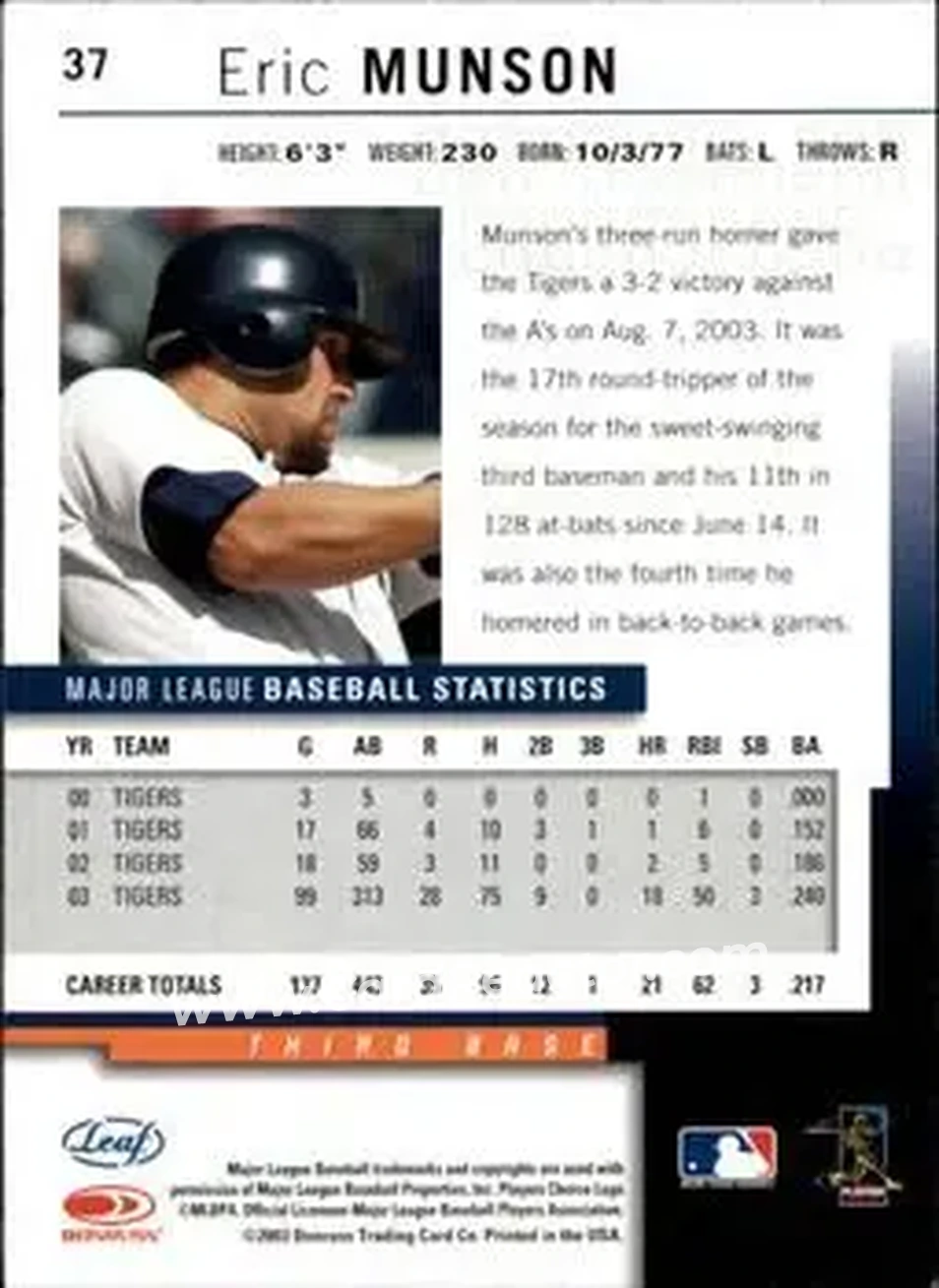 2004 Leaf - Autographs #37 - Eric Munson - Detroit Tigers - Back 2004 Leaf - Autographs #37 - Eric Munson - Detroit Tigers - Back