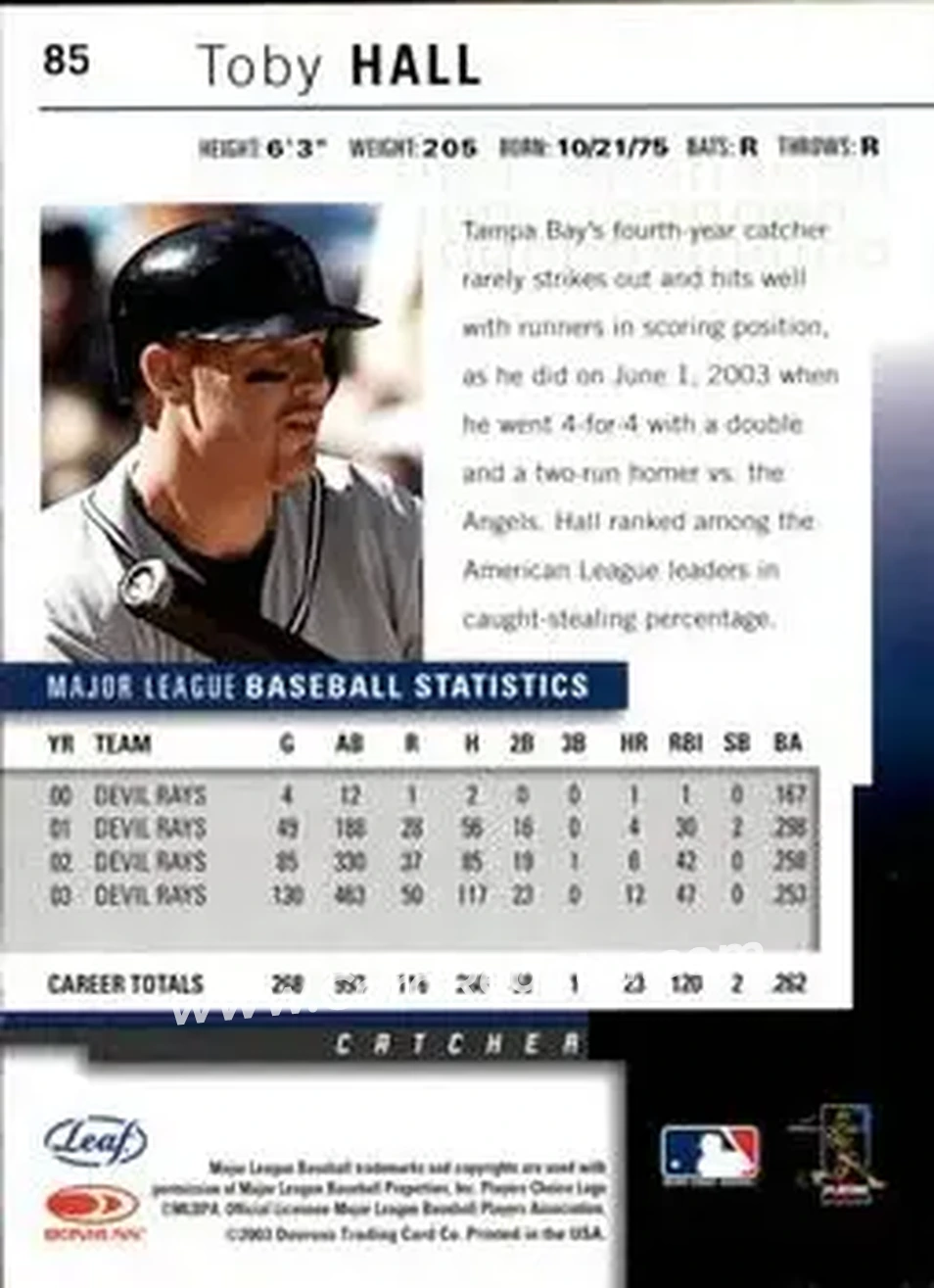 2004 Leaf - Autographs #85 - Toby Hall - Tampa Bay Devil Rays - Back