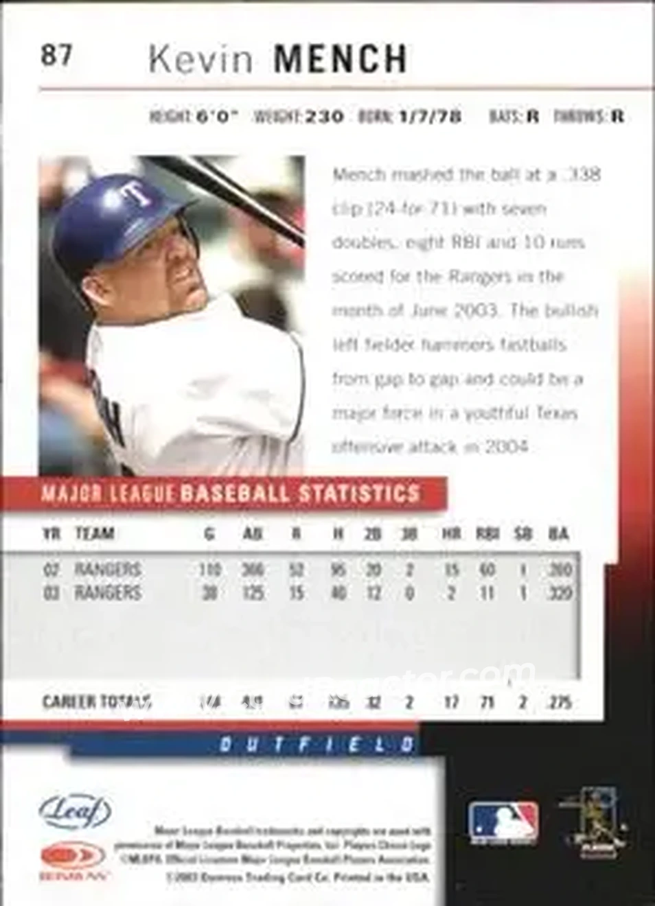2004 Leaf - Autographs #87 - Kevin Mench - Texas Rangers - Back