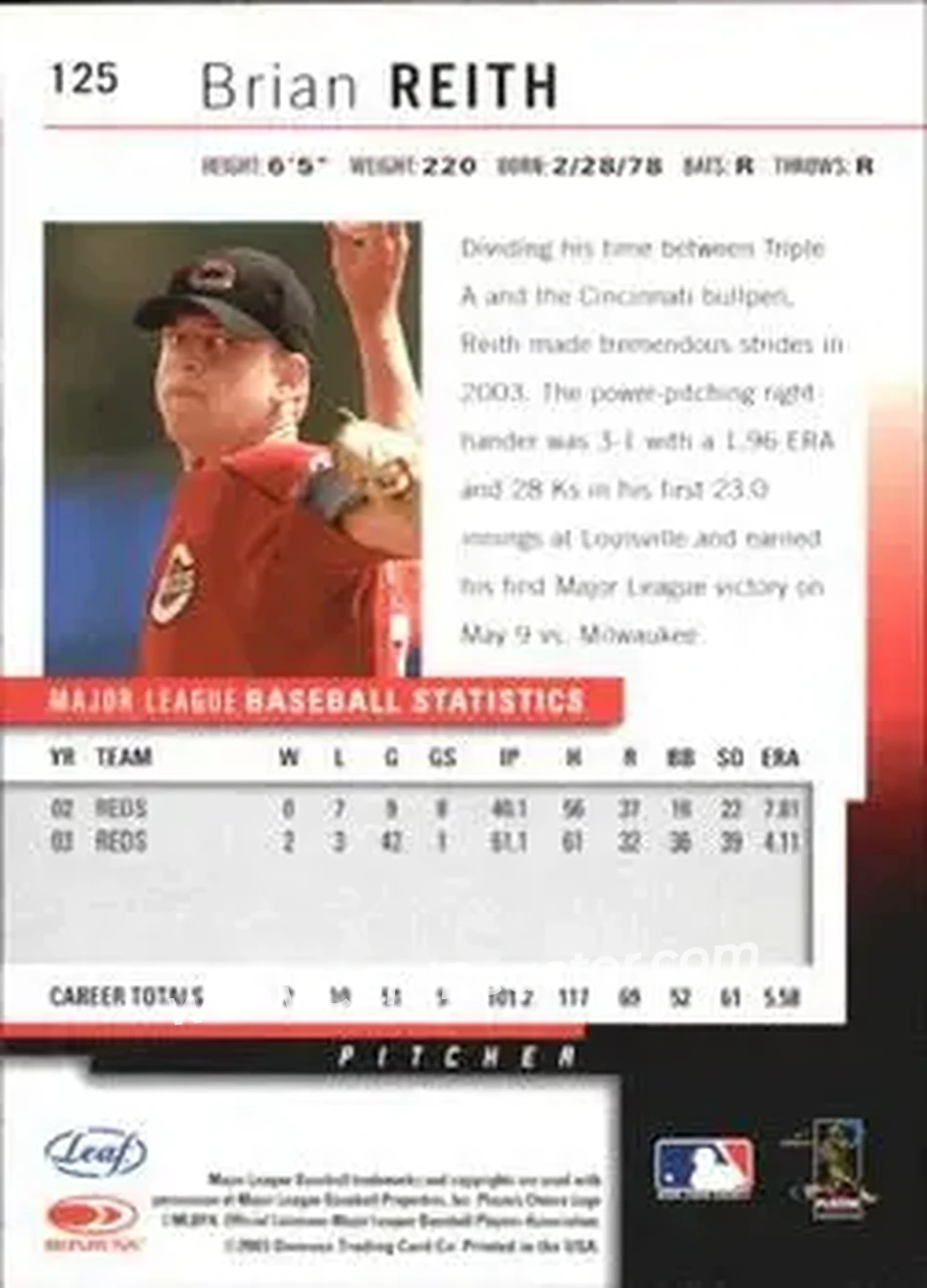 2004 Leaf - Autographs #125 - Brian Reith - Cincinnati Reds - Back