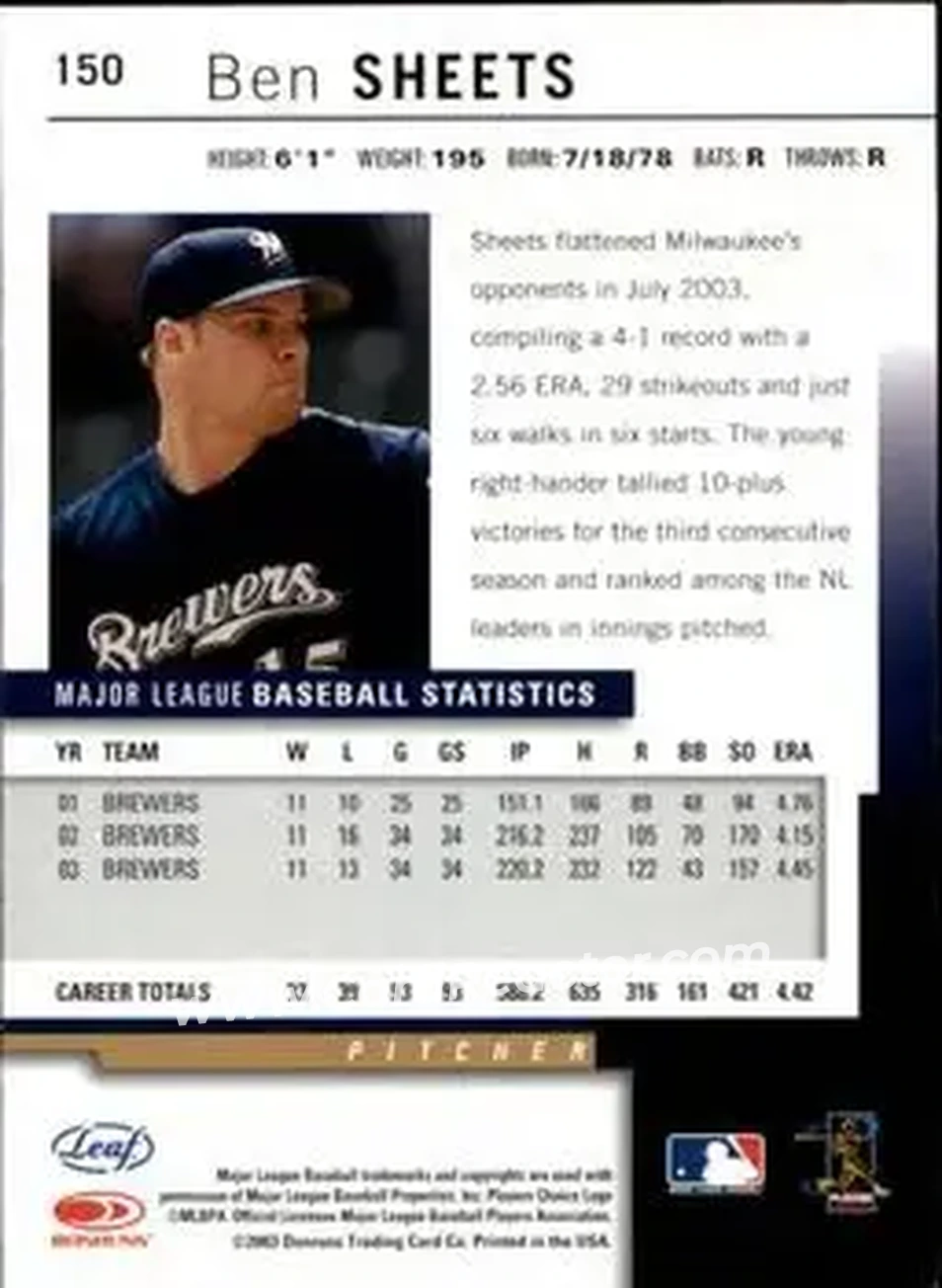 2004 Leaf - Autographs #150 - Ben Sheets - Milwaukee Brewers - Back 2004 Leaf - Autographs #150 - Ben Sheets - Milwaukee Brewers - Back
