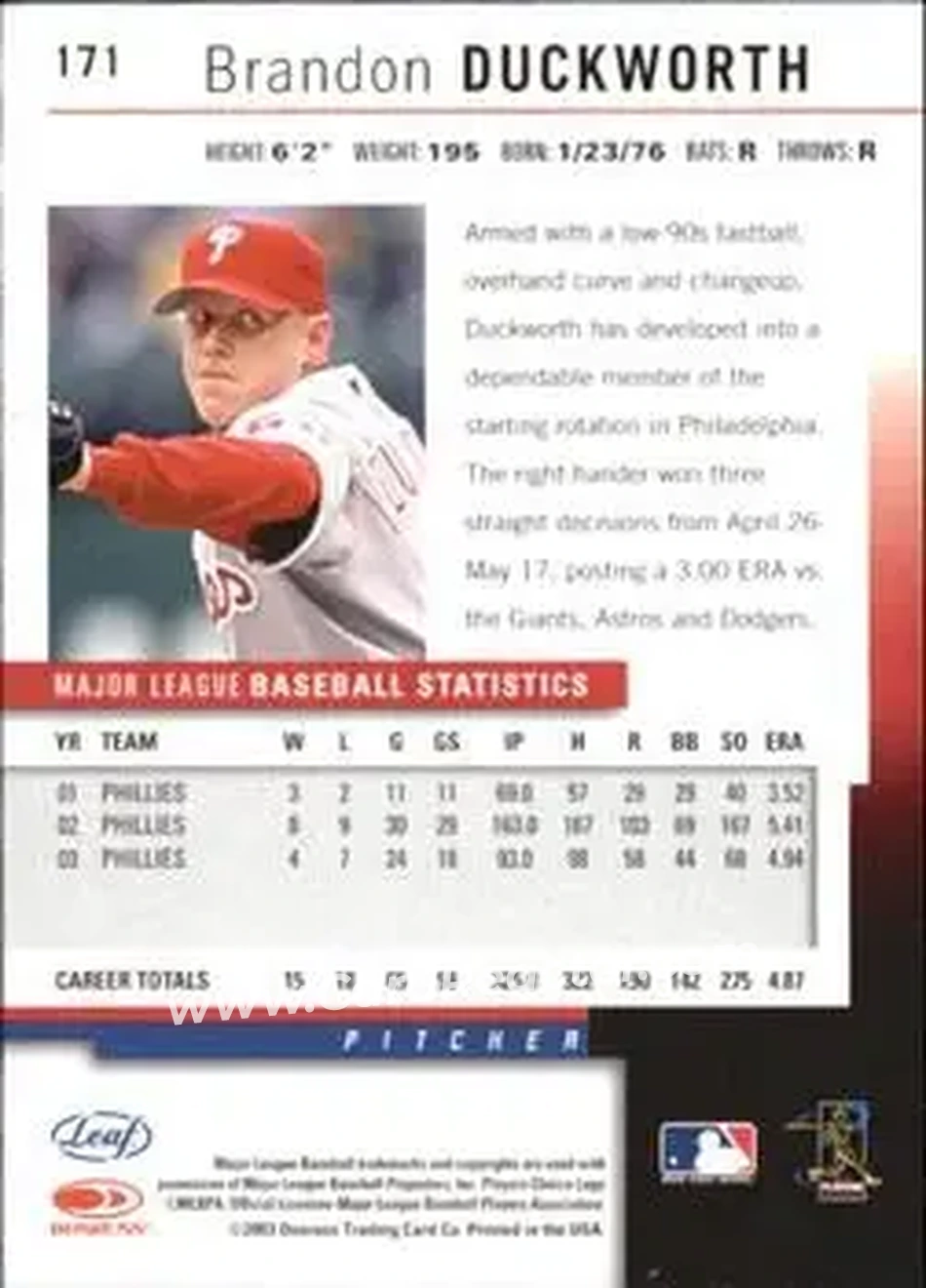 2004 Leaf - Autographs #171 - Brandon Duckworth - Philadelphia Phillies - Back