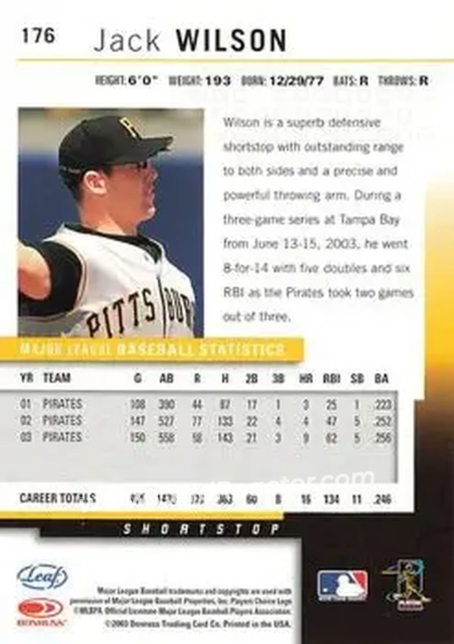 2004 Leaf - Autographs #176 - Jack Wilson - Pittsburgh Pirates - Back