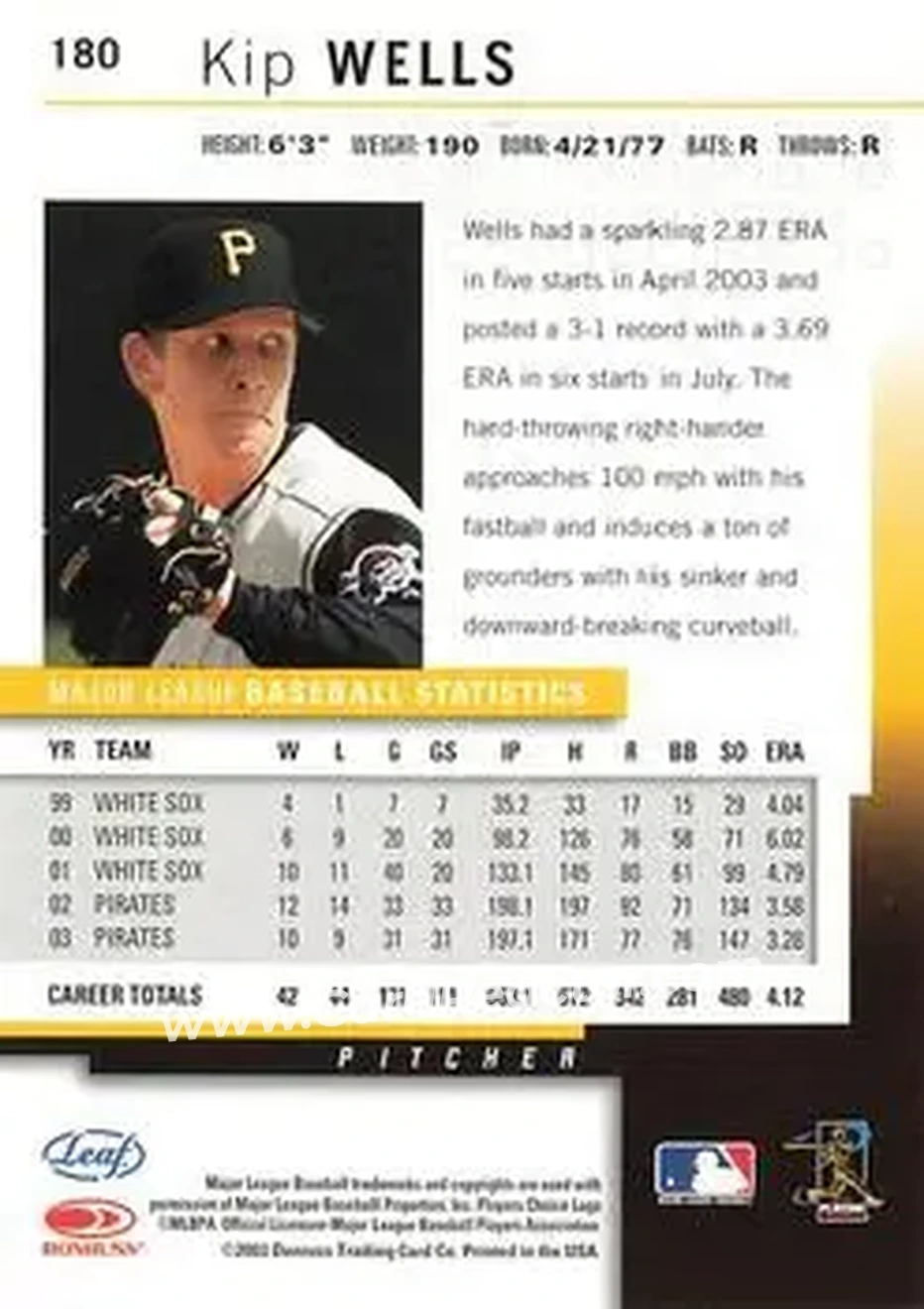 2004 Leaf - Autographs #180 - Kip Wells - Pittsburgh Pirates - Back