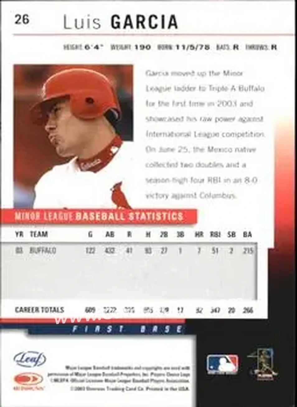 2004 Leaf - Autographs Second Edition #26 - Luis Garcia - Cleveland Indians - Back