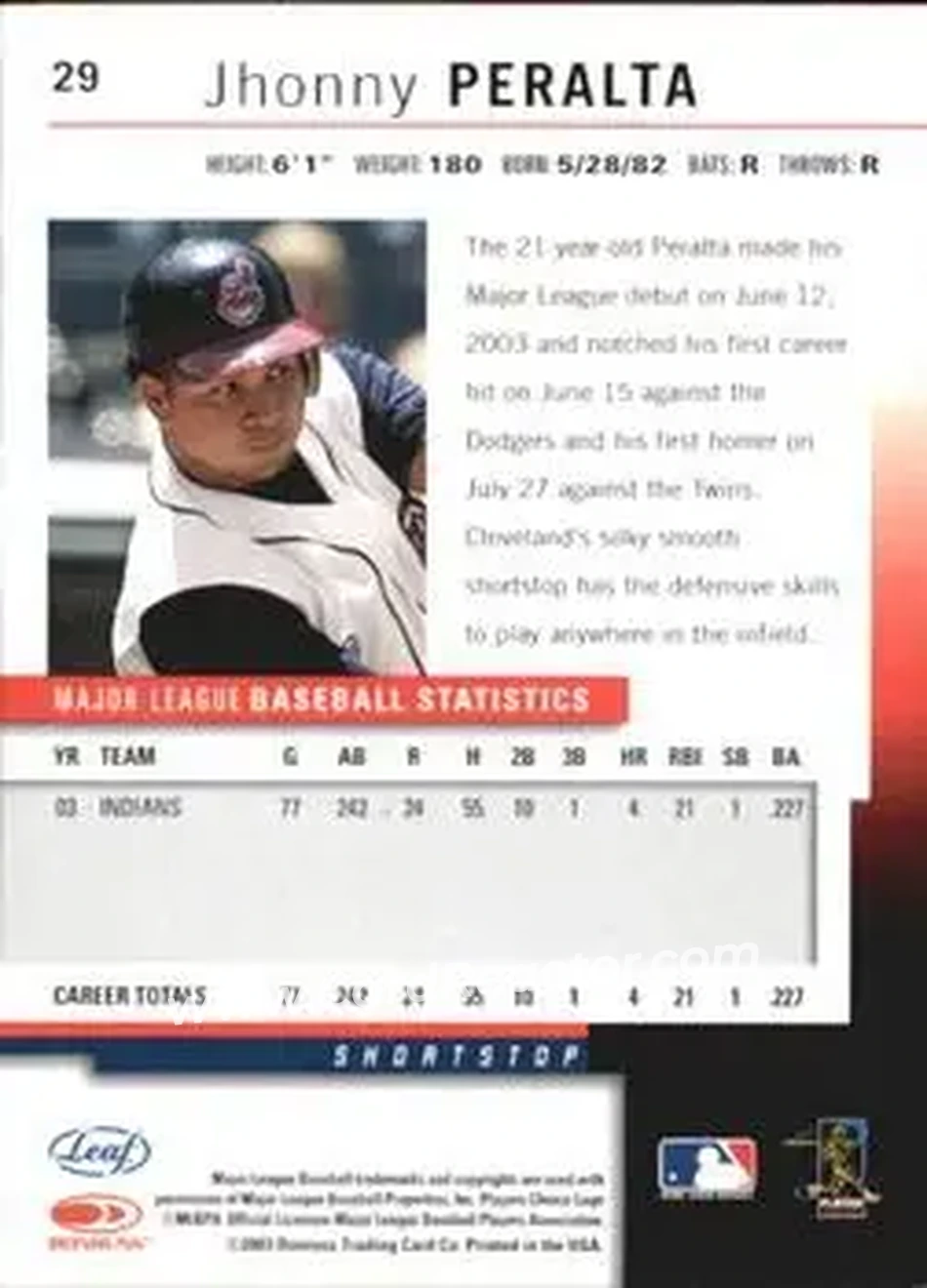 2004 Leaf - Autographs Second Edition #29 - Jhonny Peralta - Cleveland Indians - Back