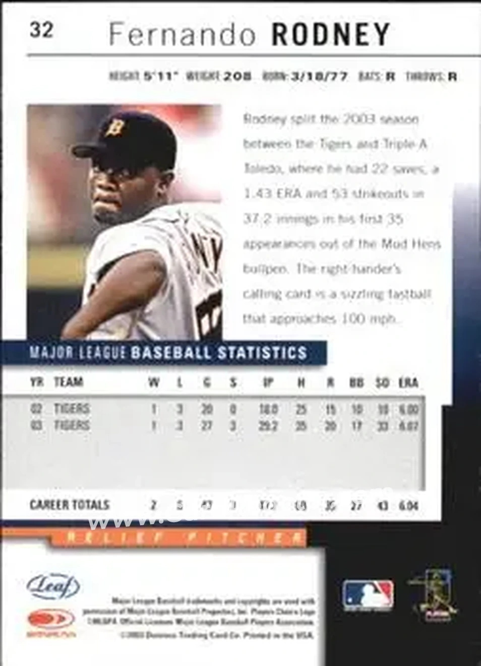 2004 Leaf - Autographs Second Edition #32 - Fernando Rodney - Detroit Tigers - Back