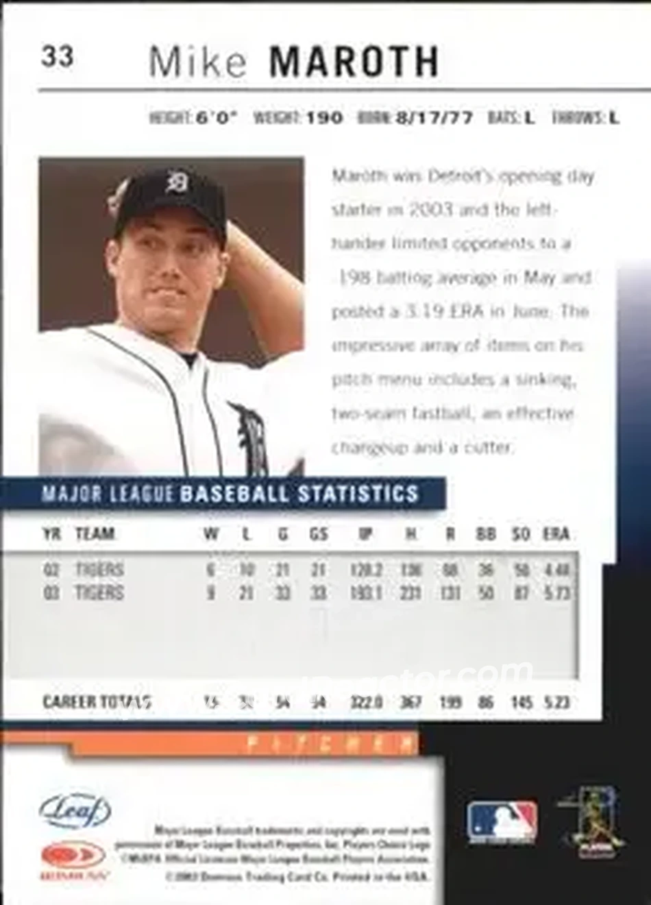 2004 Leaf - Autographs Second Edition #33 - Mike Maroth - Detroit Tigers - Back