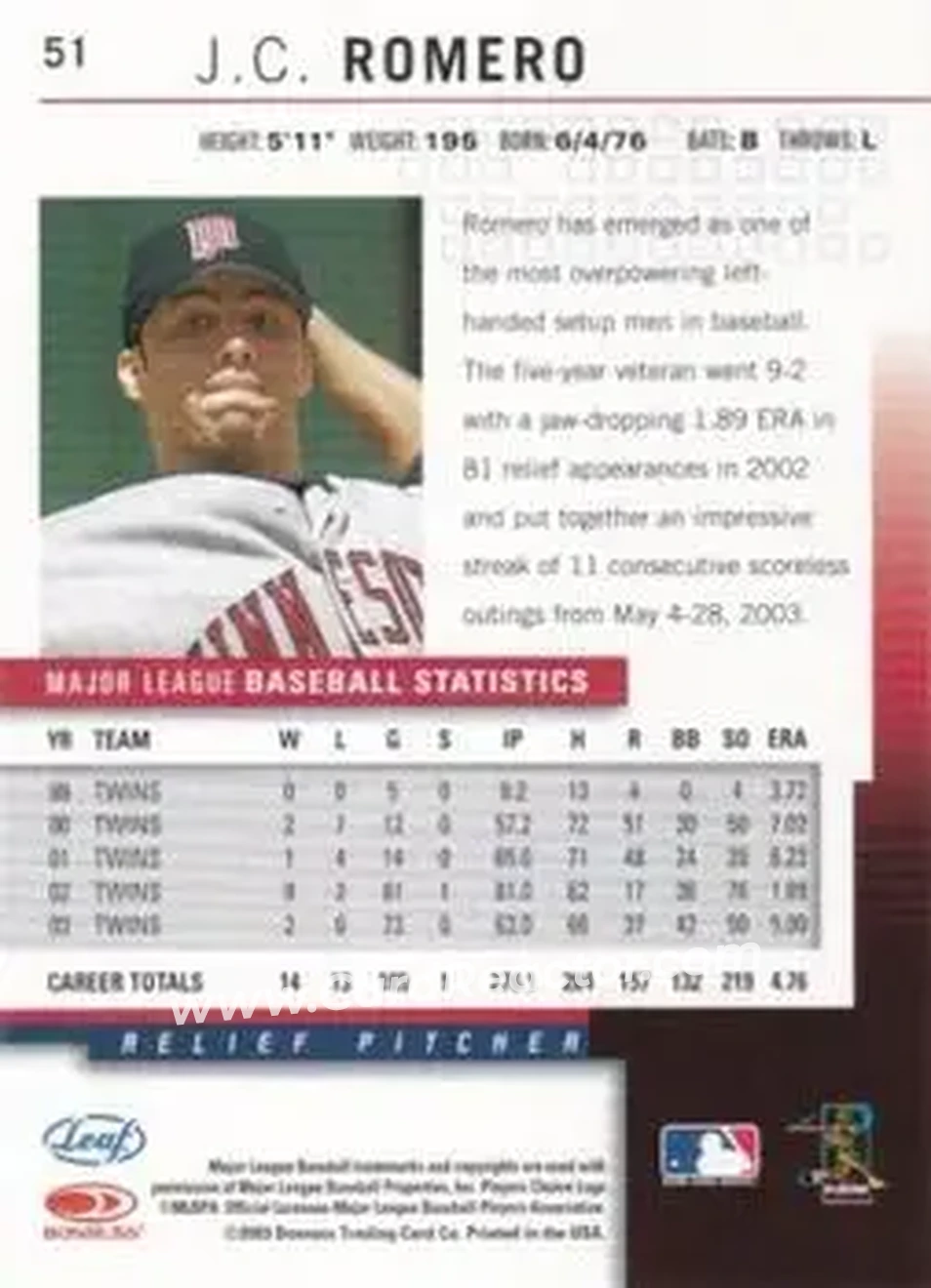2004 Leaf - Autographs Second Edition #51 - J.C. Romero - Minnesota Twins - Back