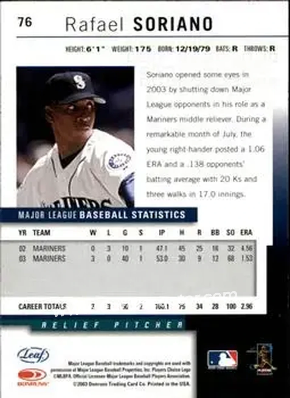 2004 Leaf - Autographs Second Edition #76 - Rafael Soriano - Seattle Mariners - Back