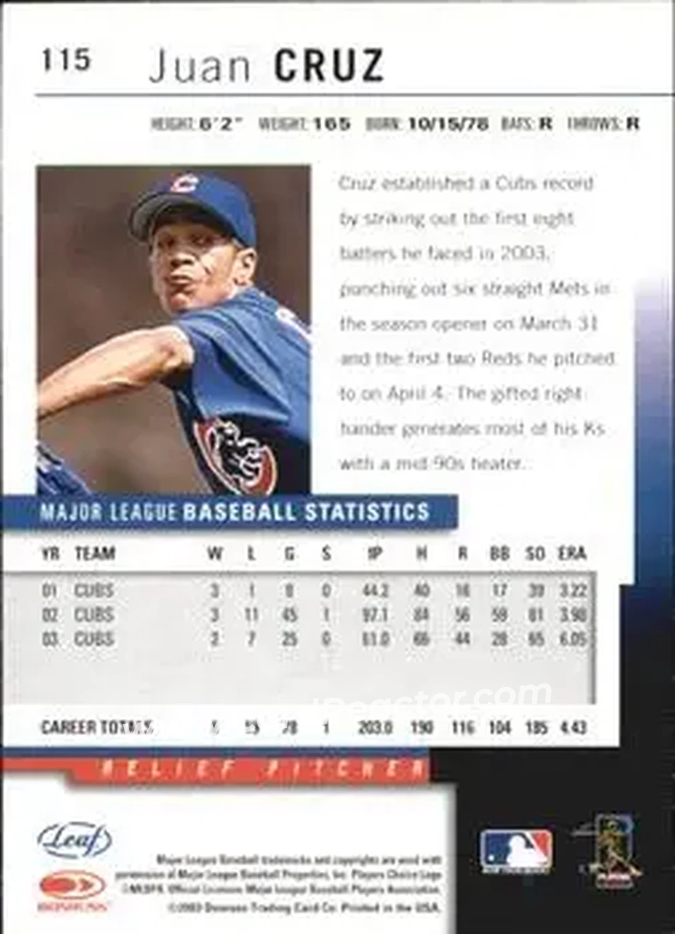2004 Leaf - Autographs Second Edition #115 - Juan Cruz - Chicago Cubs - Back