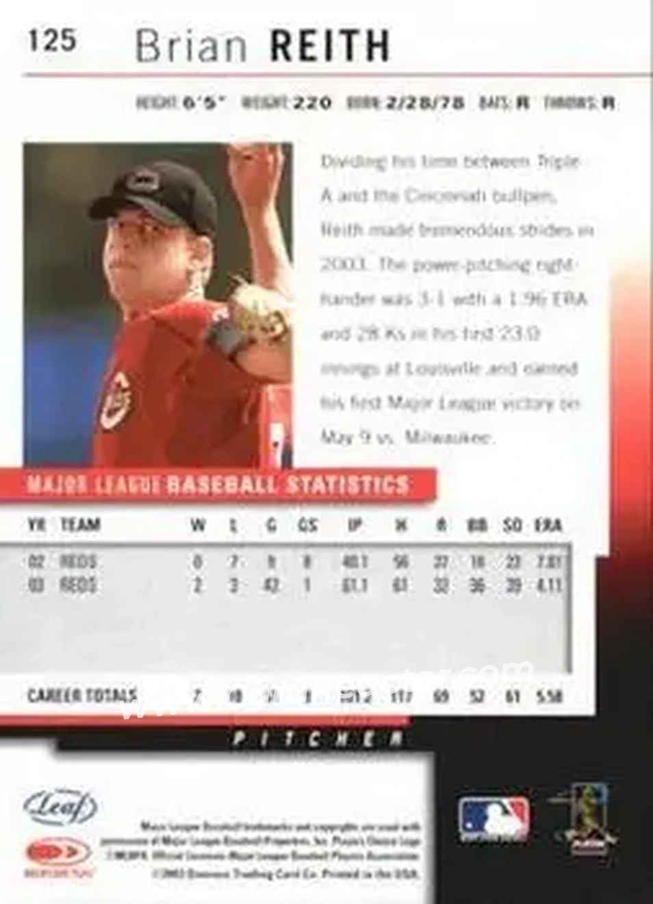 2004 Leaf - Autographs Second Edition #125 - Brian Reith - Cincinnati Reds - Back