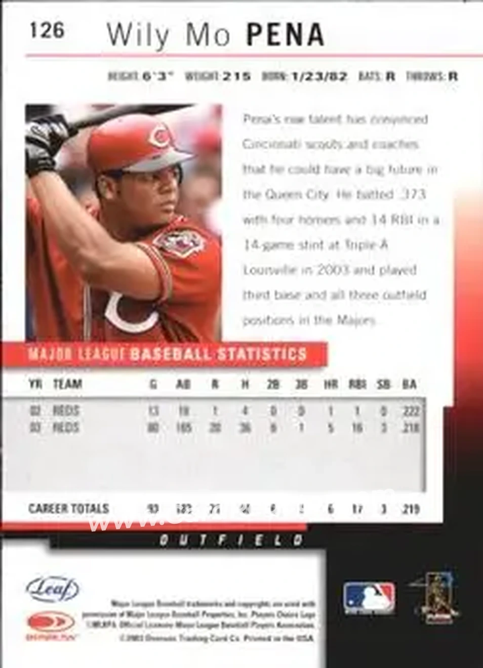 2004 Leaf - Autographs Second Edition #126 - Wily Mo Pena - Cincinnati Reds - Back