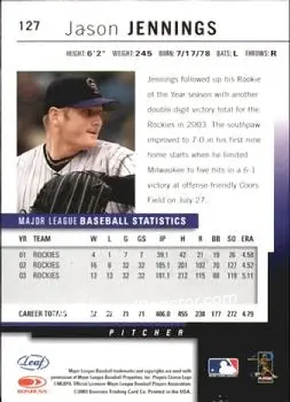 2004 Leaf - Autographs Second Edition #127 - Jason Jennings - Colorado Rockies - Back