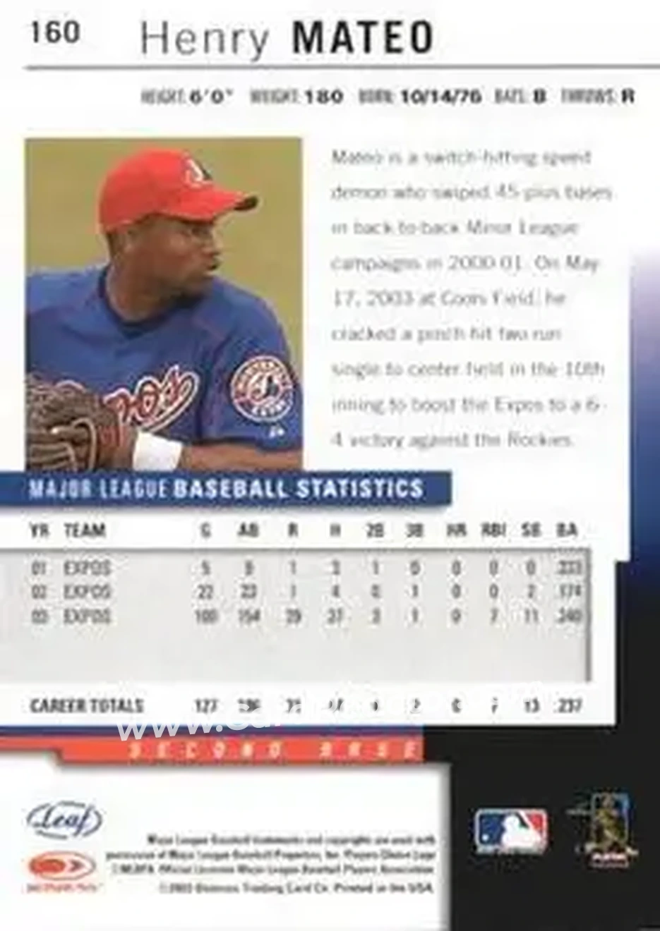 2004 Leaf - Autographs Second Edition #160 - Henry Mateo - Montreal Expos - Back