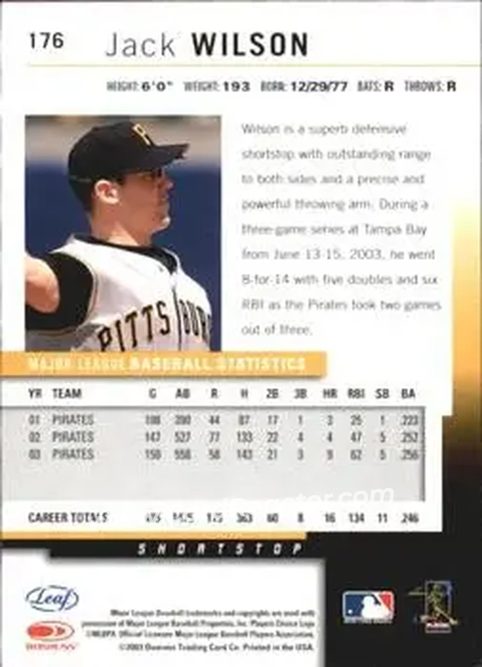 2004 Leaf - Autographs Second Edition #176 - Jack Wilson - Pittsburgh Pirates - Back
