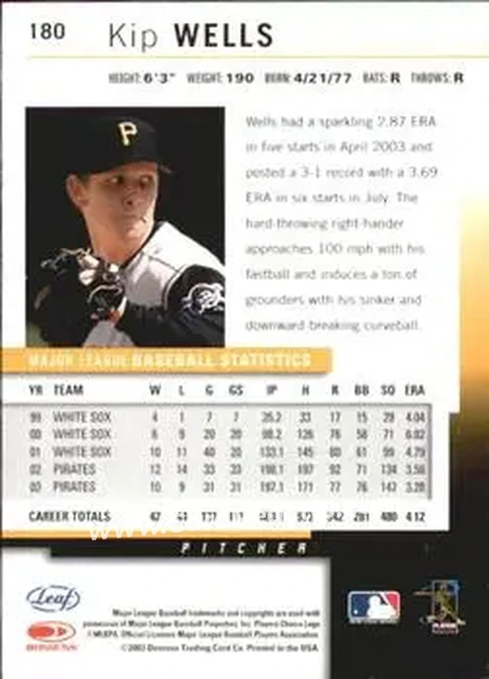 2004 Leaf - Autographs Second Edition #180 - Kip Wells - Pittsburgh Pirates - Back