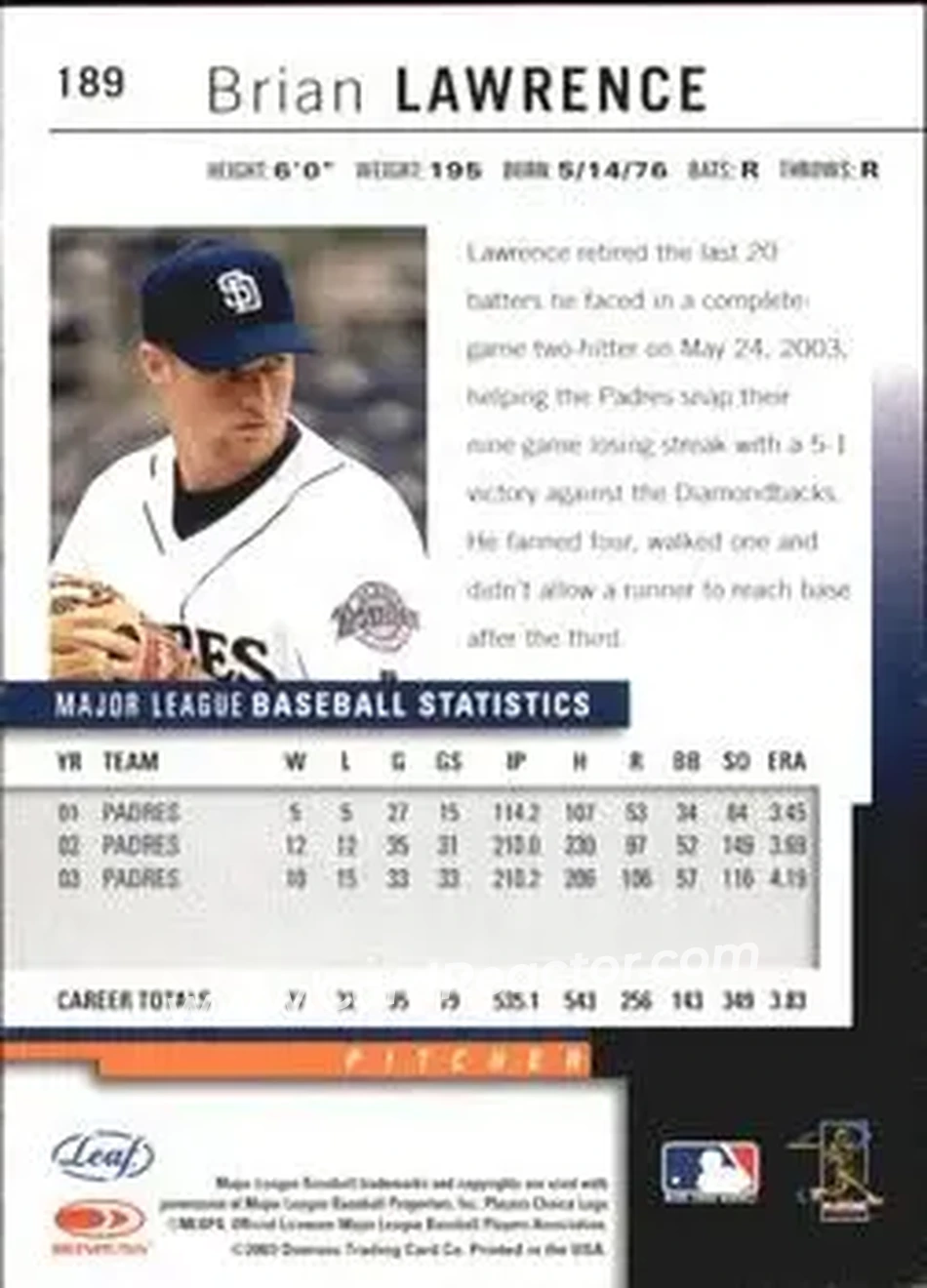 2004 Leaf - Autographs Second Edition #189 - Brian Lawrence - San Diego Padres - Back