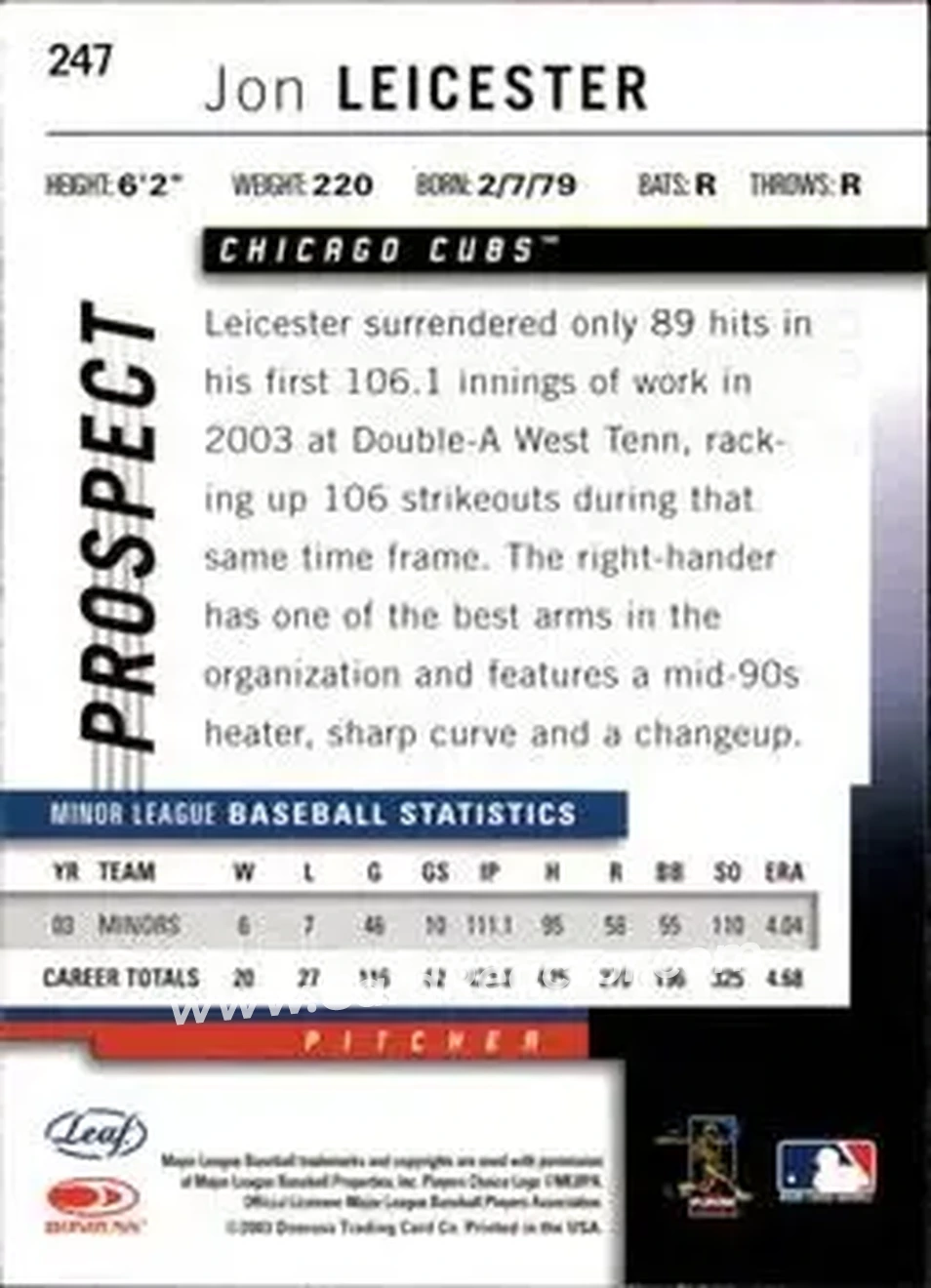 2004 Leaf - Autographs Second Edition #247 - Jon Leicester - Chicago Cubs - Back
