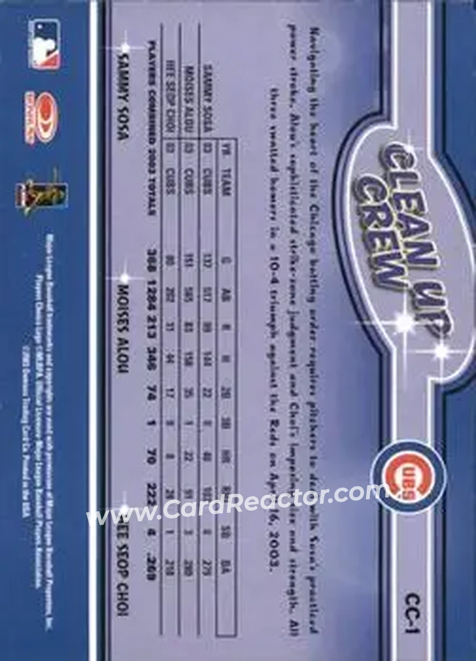 2004 Leaf - Clean Up Crew #CC-1 - Sammy Sosa - Moises Alou - Hee Seop Choi - Chicago Cubs - Back
