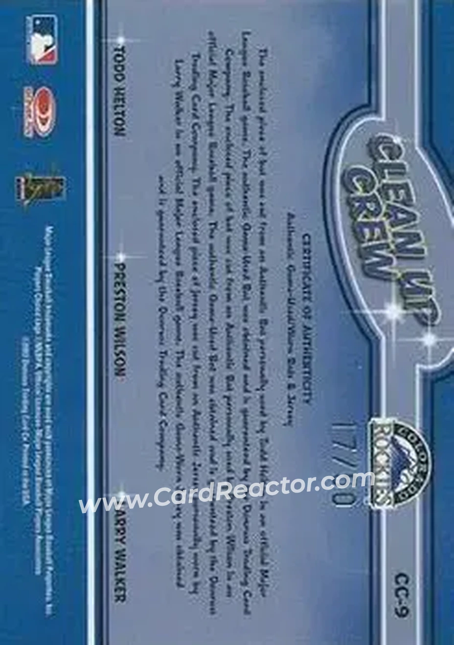 2004 Leaf - Clean Up Crew Materials #CC-9 - Todd Helton - Preston Wilson - Larry Walker - Colorado Rockies - Back 2004 Leaf - Clean Up Crew Materials #CC-9 - Todd Helton - Preston Wilson - Larry Walker - Colorado Rockies - Back