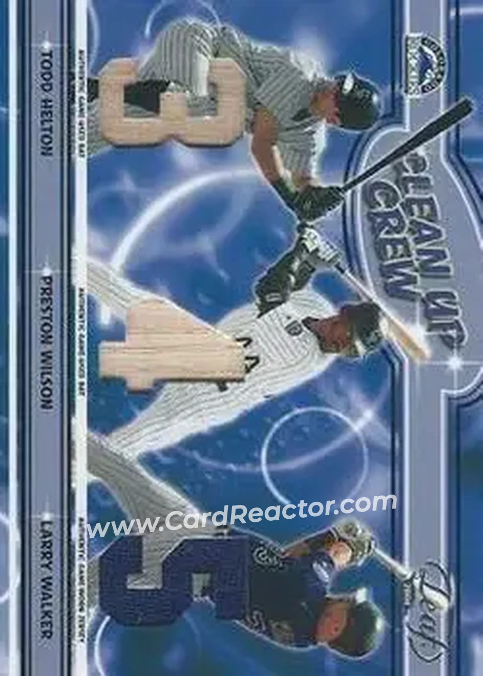 2004 Leaf - Clean Up Crew Materials #CC-9 - Todd Helton - Preston Wilson - Larry Walker - Colorado Rockies - Front 2004 Leaf - Clean Up Crew Materials #CC-9 - Todd Helton - Preston Wilson - Larry Walker - Colorado Rockies - Front