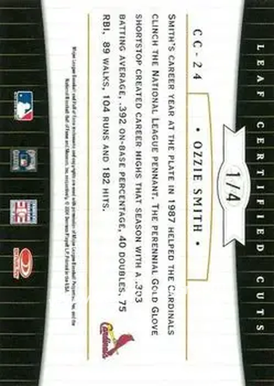 2004 Leaf Certified Cuts - Check Signature Blue #CC-24 - Ozzie Smith - St. Louis Cardinals - Back