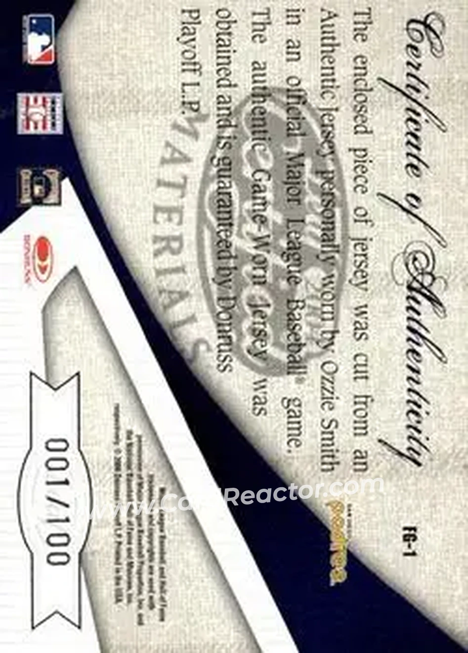 2004 Leaf Certified Materials - Fabric of the Game #FG-1 - Ozzie Smith - San Diego Padres - Back