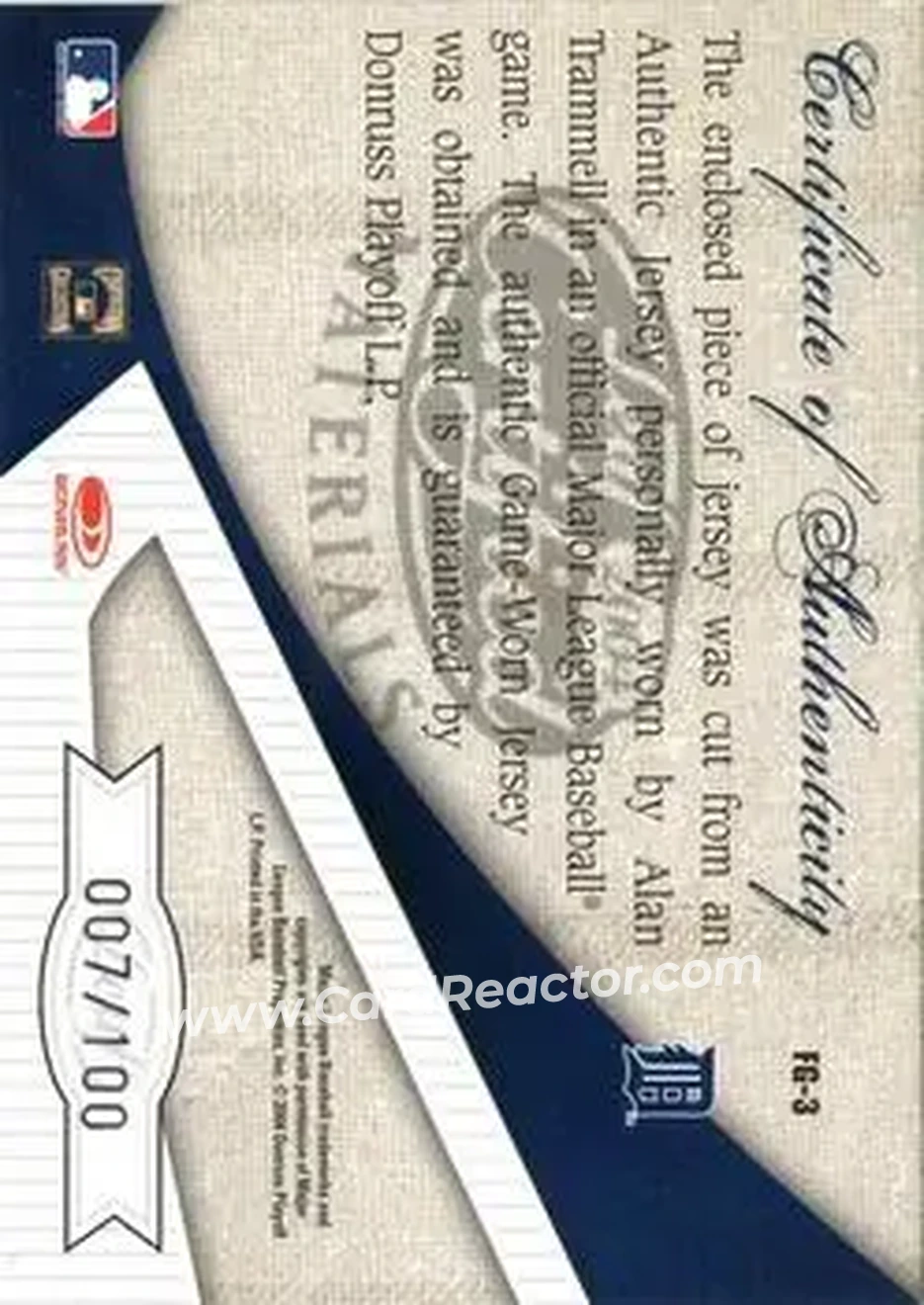 2004 Leaf Certified Materials - Fabric of the Game #FG-3 - Alan Trammell - Detroit Tigers - Back