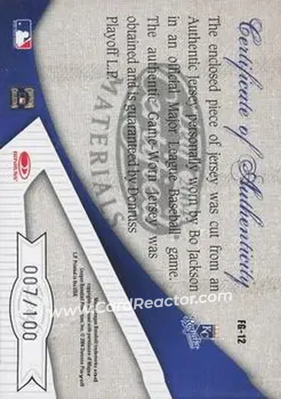 2004 Leaf Certified Materials - Fabric of the Game #FG-12 - Bo Jackson - Kansas City Royals - Back