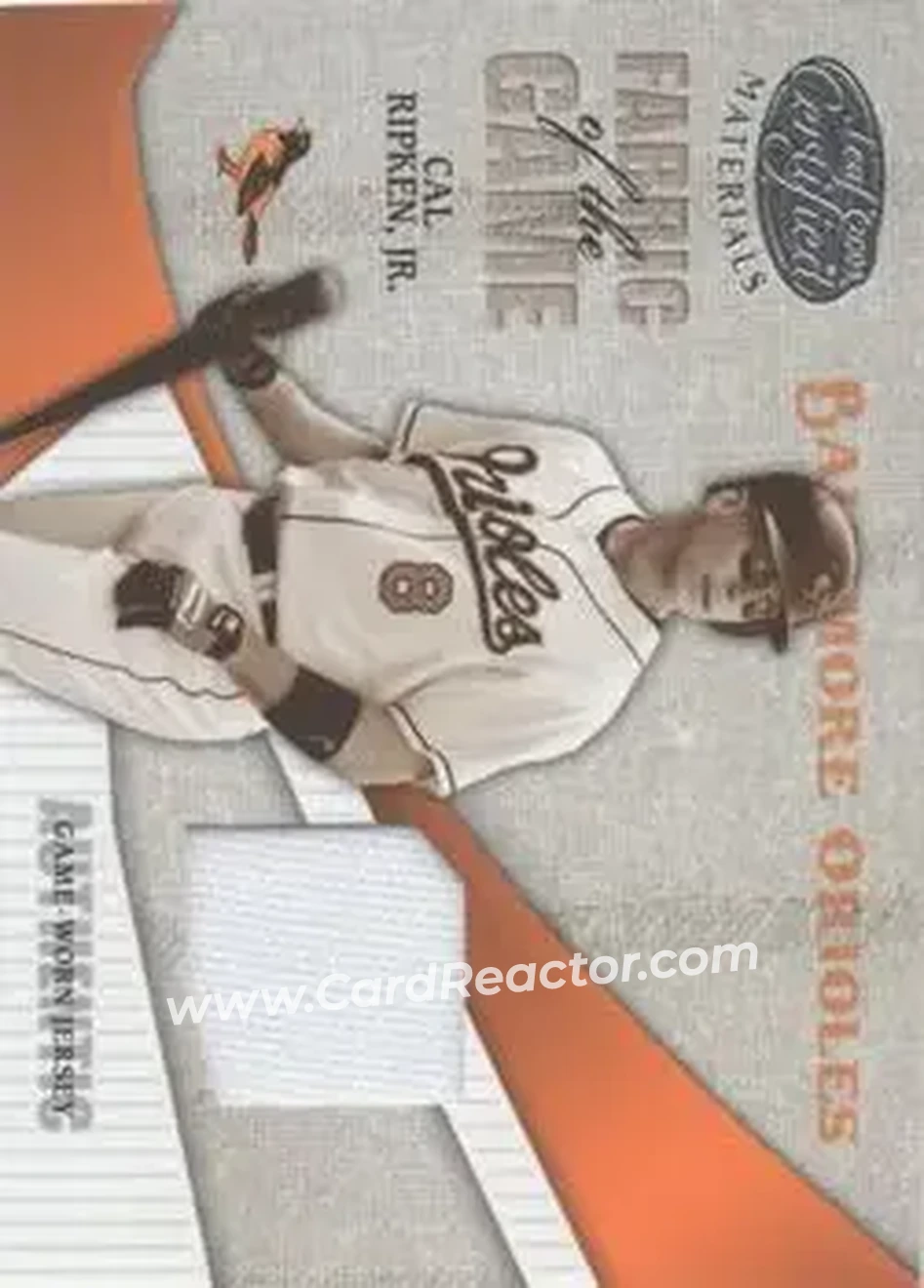 2004 Leaf Certified Materials - Fabric of the Game #FG-17 - Cal Ripken - Baltimore Orioles - Front 2004 Leaf Certified Materials - Fabric of the Game #FG-17 - Cal Ripken - Baltimore Orioles - Front