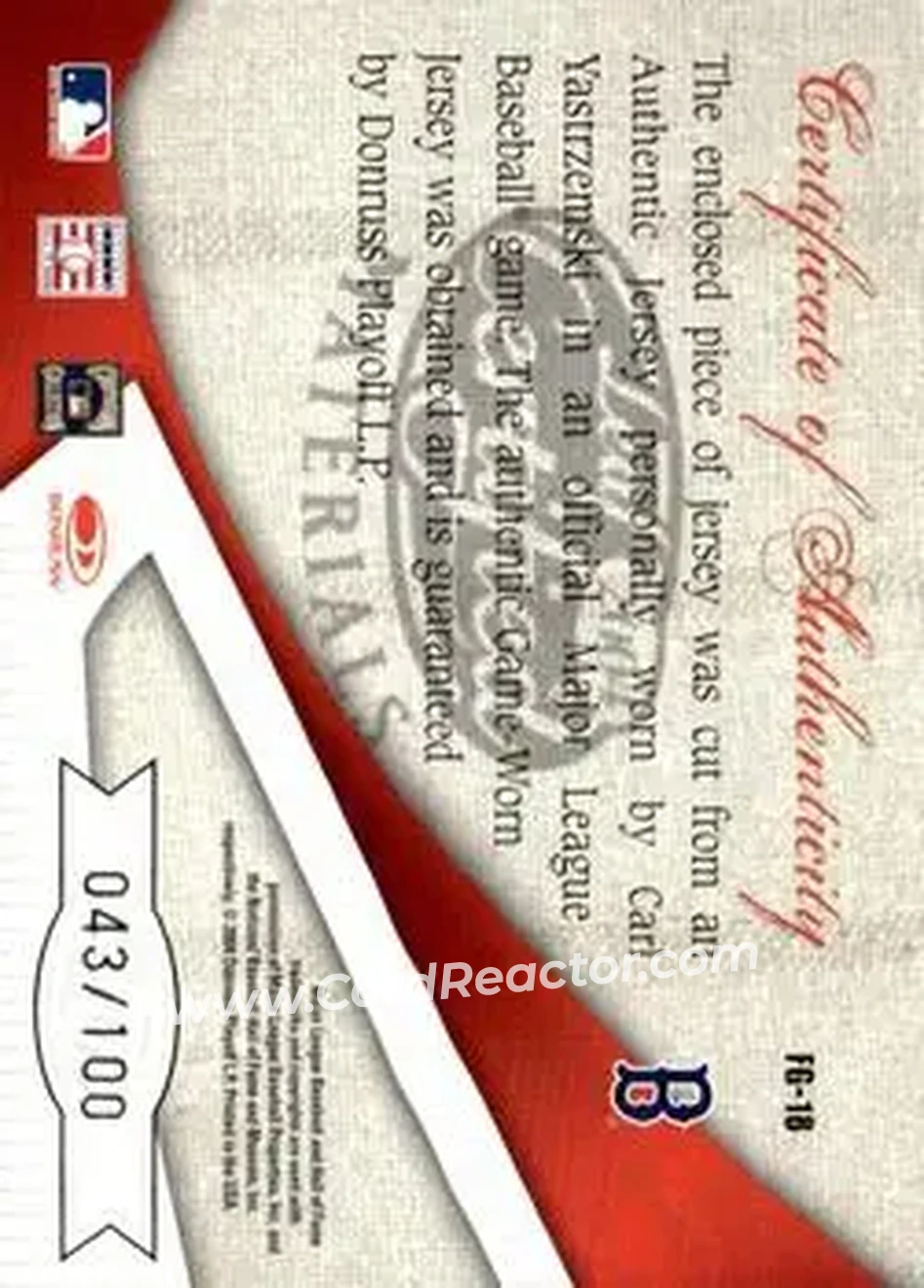 2004 Leaf Certified Materials - Fabric of the Game #FG-18 - Carl Yastrzemski - Boston Red Sox - Back