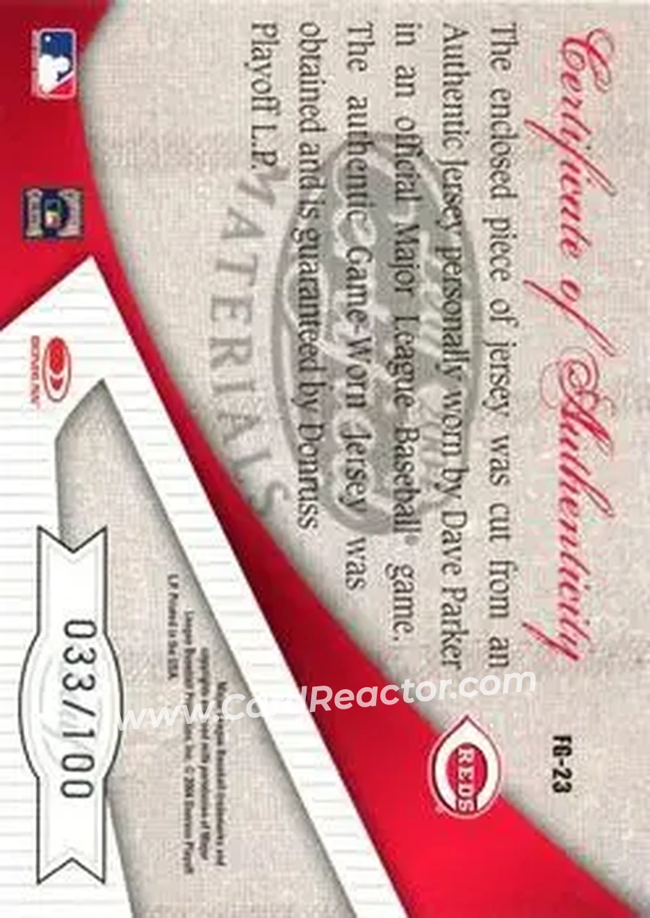 2004 Leaf Certified Materials - Fabric of the Game #FG-23 - Dave Parker - Cincinnati Reds - Back