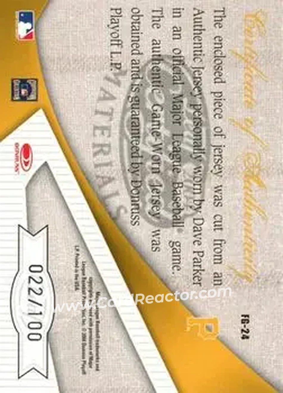 2004 Leaf Certified Materials - Fabric of the Game #FG-24 - Dave Parker - Pittsburgh Pirates - Back