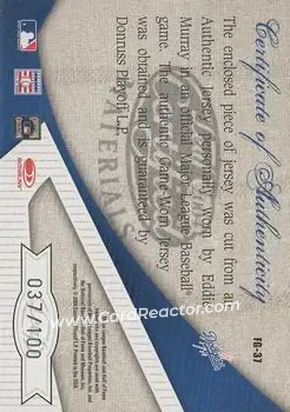 2004 Leaf Certified Materials - Fabric of the Game #FG-37 - Eddie Murray - Los Angeles Dodgers - Back