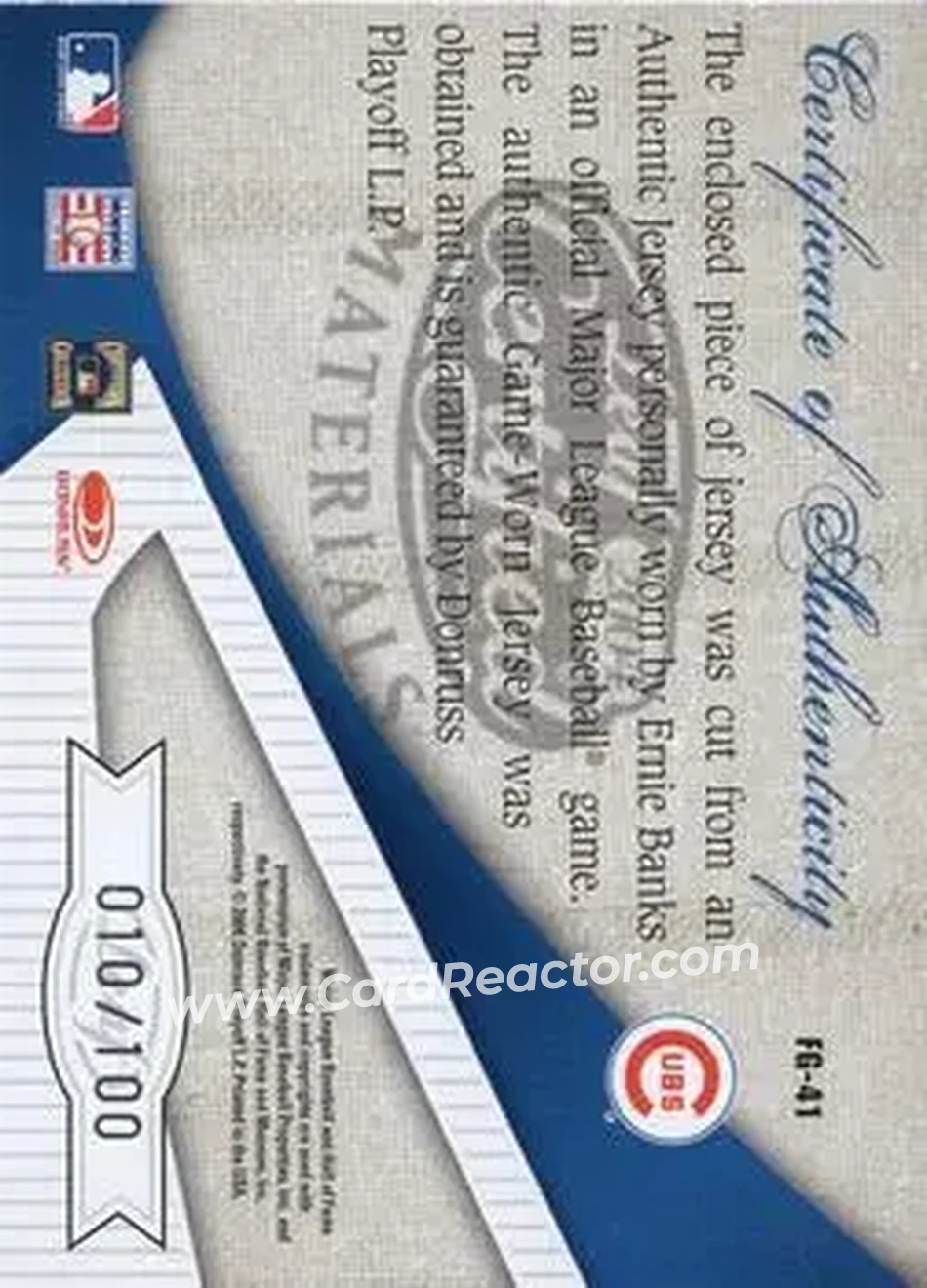 2004 Leaf Certified Materials - Fabric of the Game #FG-41 - Ernie Banks - Chicago Cubs - Back