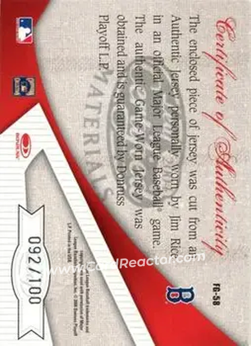 2004 Leaf Certified Materials - Fabric of the Game #FG-58 - Jim Rice - Boston Red Sox - Back