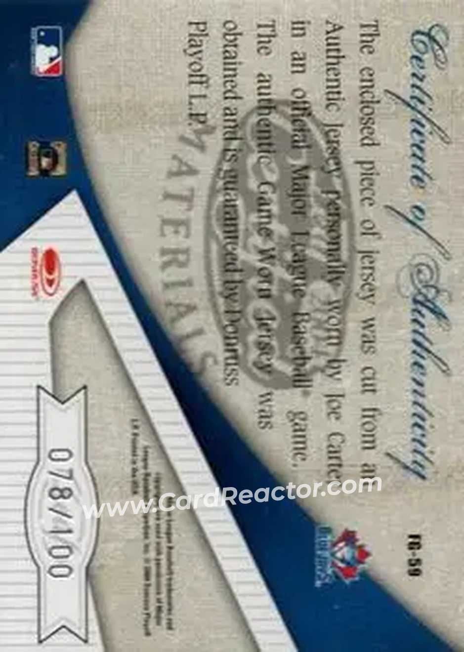 2004 Leaf Certified Materials - Fabric of the Game #FG-59 - Joe Carter - Toronto Blue Jays - Back