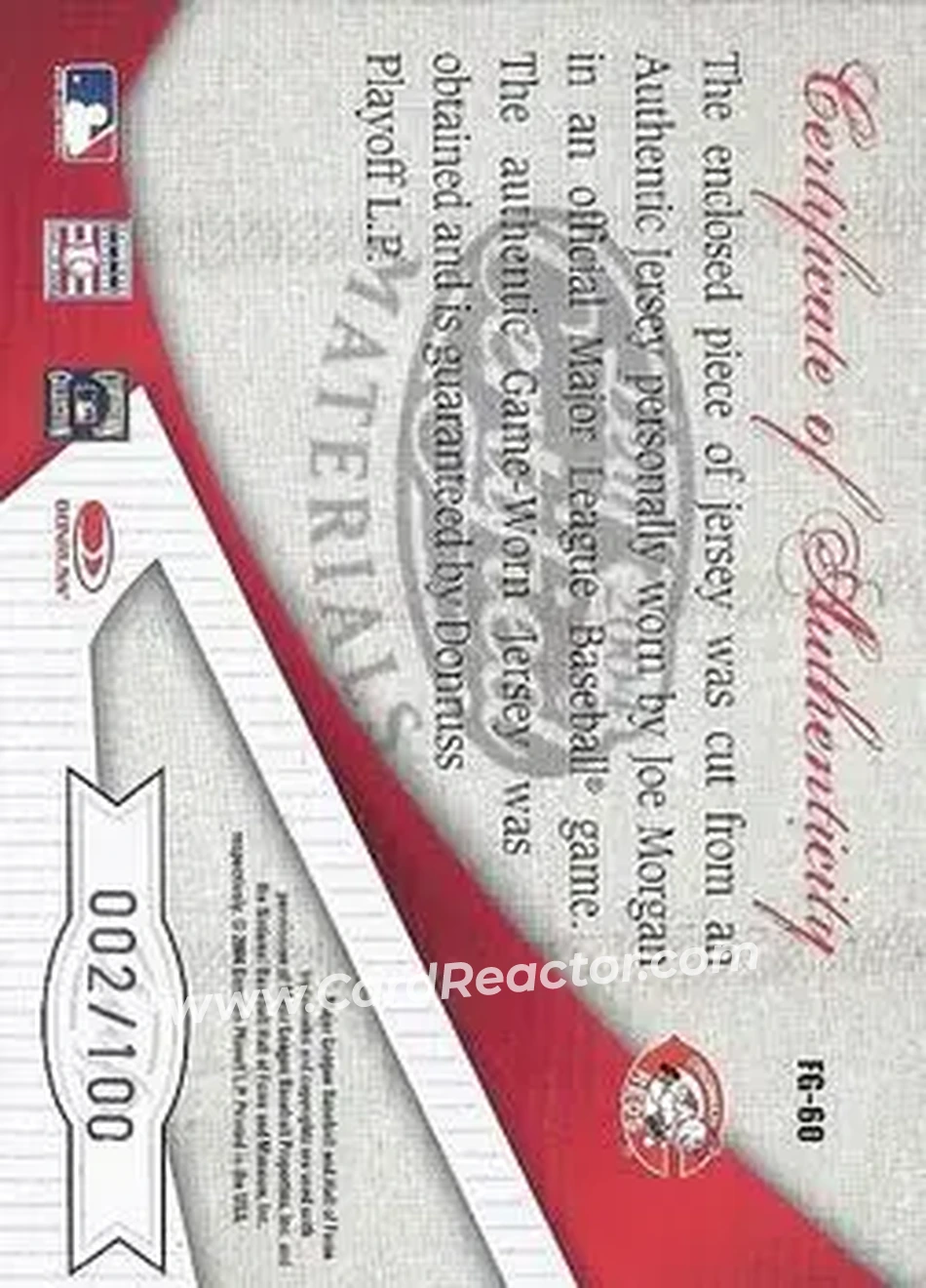 2004 Leaf Certified Materials - Fabric of the Game #FG-60 - Joe Morgan - Cincinnati Reds - Back