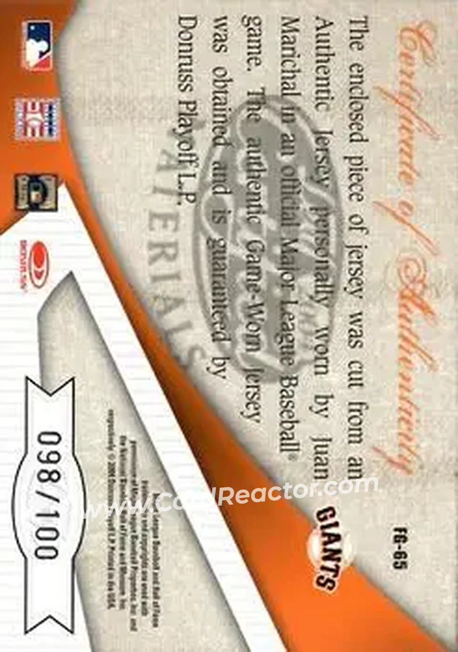 2004 Leaf Certified Materials - Fabric of the Game #FG-65 - Juan Marichal - San Francisco Giants - Back