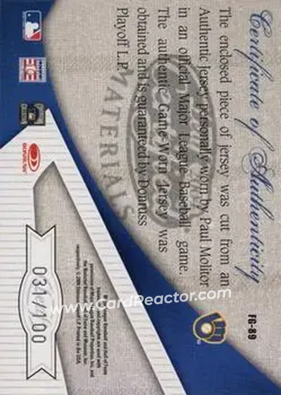 2004 Leaf Certified Materials - Fabric of the Game #FG-89 - Paul Molitor - Milwaukee Brewers - Back