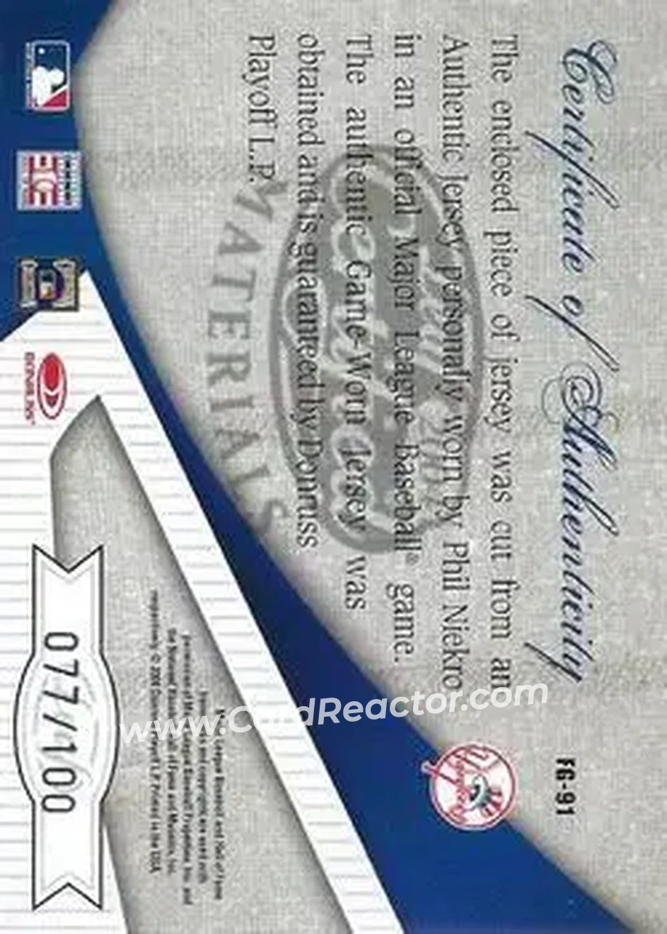 2004 Leaf Certified Materials - Fabric of the Game #FG-91 - Phil Niekro - New York Yankees - Back