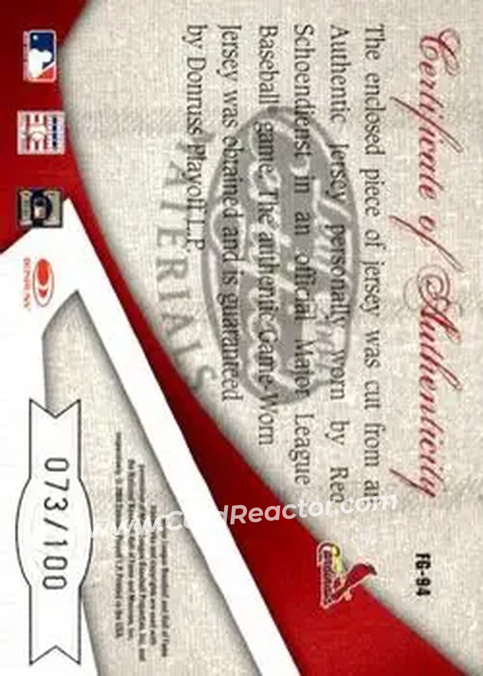 2004 Leaf Certified Materials - Fabric of the Game #FG-94 - Al Schoendienst - St. Louis Cardinals - Back