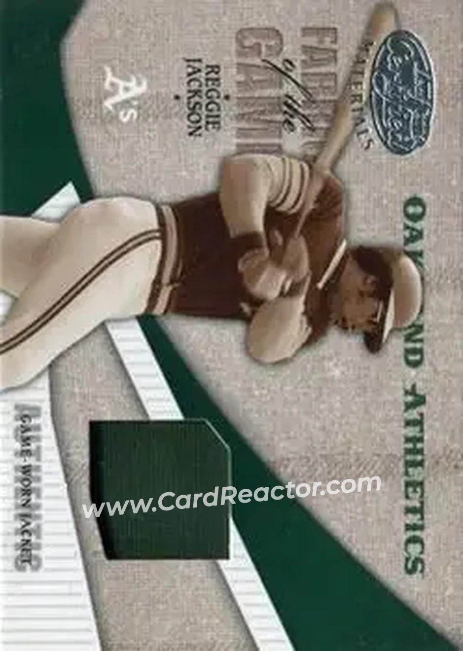 2004 Leaf Certified Materials - Fabric of the Game #FG-95 - Reggie Jackson (b.1946 OF) - Oakland Athletics - Front 2004 Leaf Certified Materials - Fabric of the Game #FG-95 - Reggie Jackson (b.1946 OF) - Oakland Athletics - Front