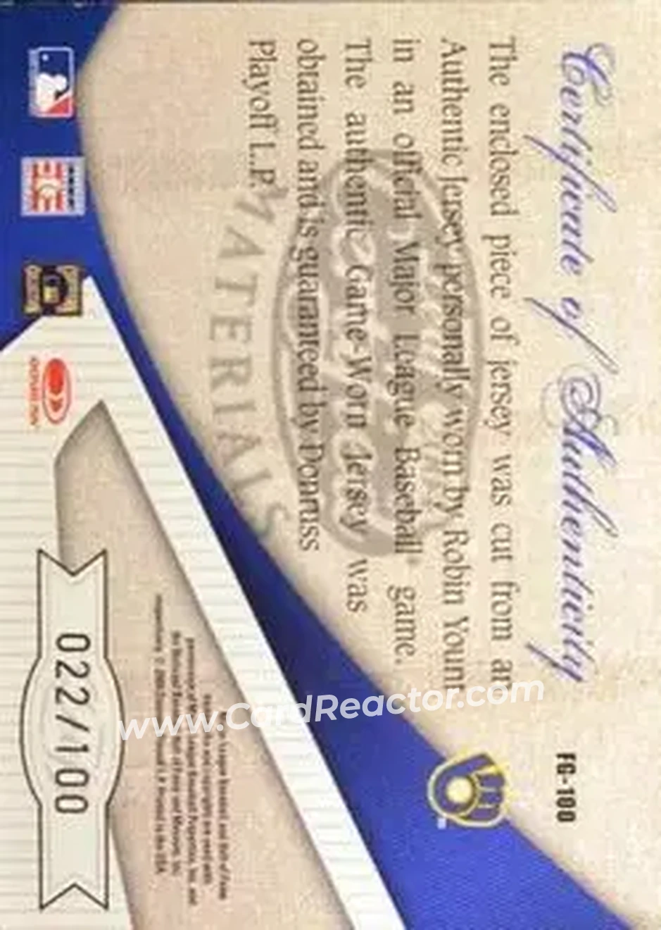 2004 Leaf Certified Materials - Fabric of the Game #FG-100 - Robin Yount - Milwaukee Brewers - Back