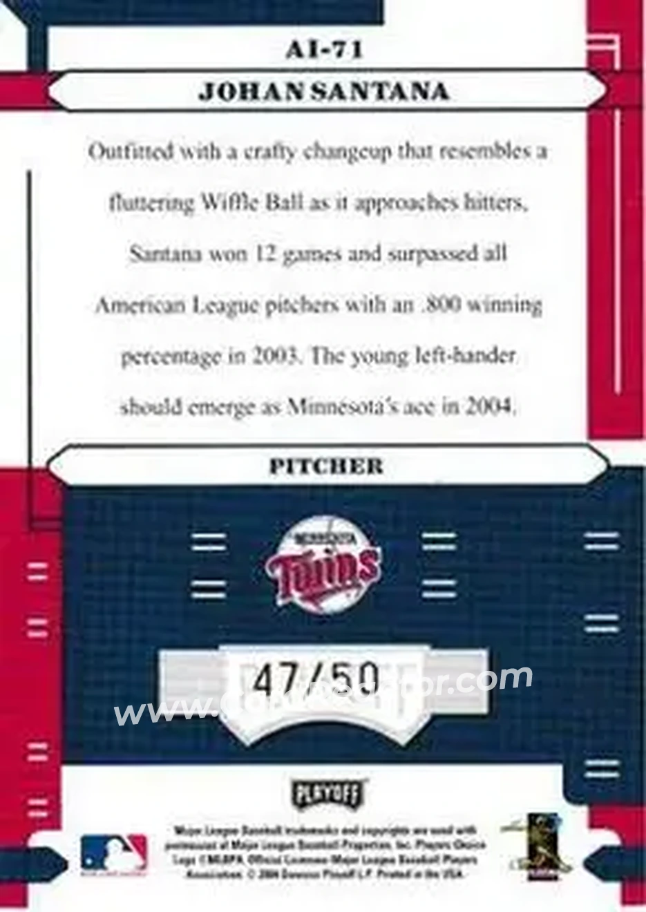 2004 Playoff Absolute Memorabilia - Absolutely Ink #AI-71 - Johan Santana - Minnesota Twins - Back 2004 Playoff Absolute Memorabilia - Absolutely Ink #AI-71 - Johan Santana - Minnesota Twins - Back